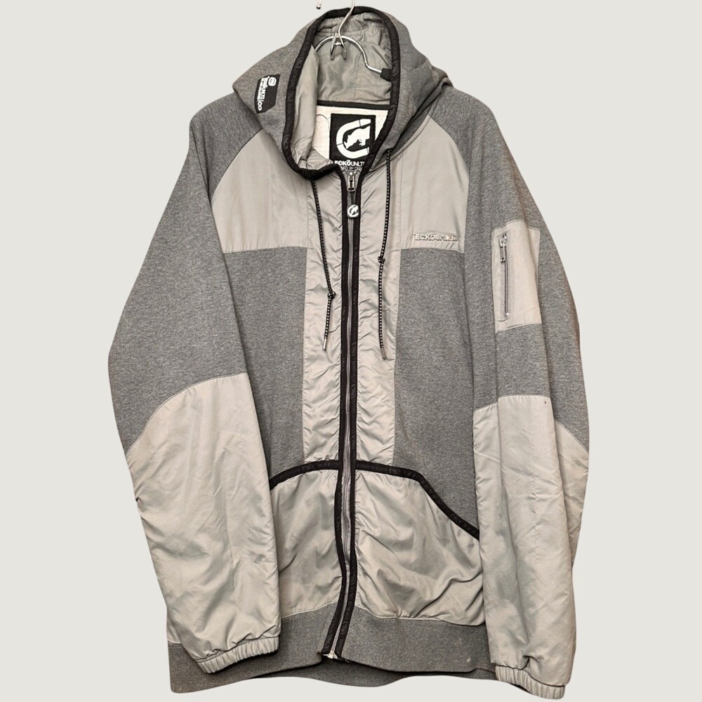 Ecko Unlimited Men Full Zip Hoodie Jacket 2X Large Gray Color Block Panel Design